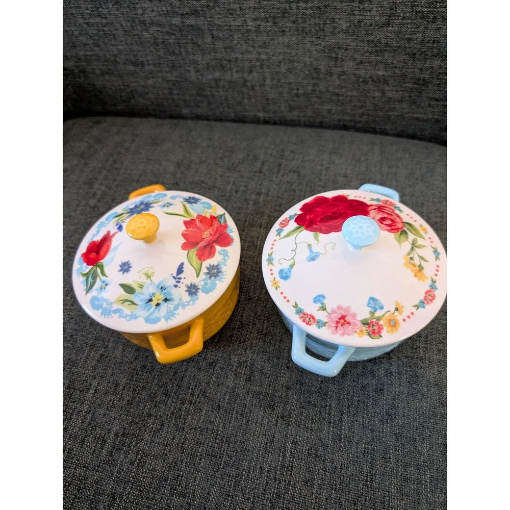 Pioneer Woman Stoneware Mini Cocottes Set of 2 Floral Lidded Casserole Cottage